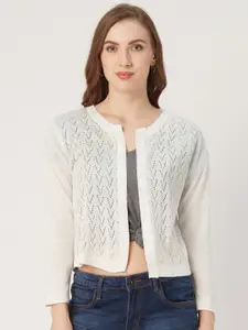 Style Quotient Women Off-White Self Design Open Front Shrug