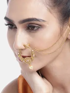 JEWELS GEHNA Off-White Gold-Plated CZ-Studded & Beaded Chained Nose Ring