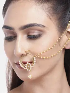 JEWELS GEHNA Off-White Gold-Plated CZ Studded & Beaded Chained Nose Ring