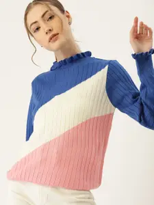 DressBerry Women Blue & White Colourblocked Acrylic Pullover Sweater
