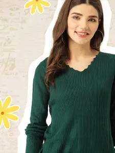 DressBerry Women Green Ribbed Pullover Sweater