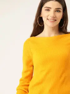 DressBerry Women Mustard Yellow Ribbed Pullover Sweater