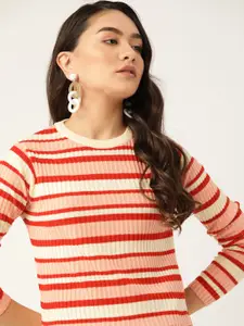 DressBerry Women Peach-Coloured & Off-White Striped Pullover