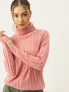 DressBerry DressBerry Women Dusty Pink Cable Knit Acrylic Turtle Neck Pullover Sweater