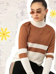DressBerry Women Brown & White Acrylic Colourblocked Pullover