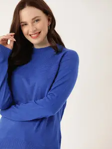 DressBerry Women Blue Self Design Pullover Sweater