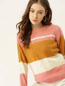 DressBerry Women Pink & Mustard Yellow Colourblocked Acrylic Pullover Sweater
