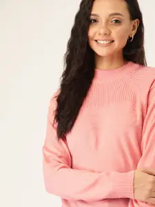 DressBerry Women Pink Self Design Pullover Sweater