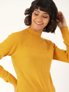 DressBerry Women Yellow Self Design Pullover Sweater
