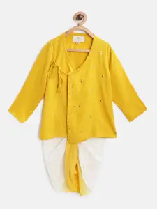Cute Couture Boys Mustard Yellow & White Mukaish Angrakha Kurta & Ready to Wear Dhoti