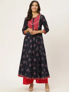 FABRIC FITOOR Women Navy Blue & Pink Floral Printed A-Line Kurta