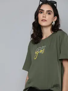 Kook N Keech Women Olive Green Printed Round Neck Relaxed Pure Cotton T-shirt