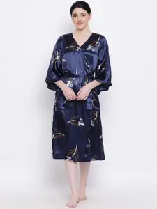 Oxolloxo Women Navy Blue Floral Printed Cover-Up Nightdress