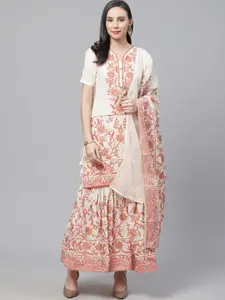 Chhabra 555 Cream-Coloured & Red Floral Block Print Semi-Stitched Dress Material