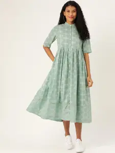 Sangria Green & Off-White Ethnic Motifs Printed Cotton A-Line Dress