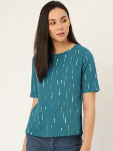 ether Women Teal Blue & White Printed Round Neck T-shirt