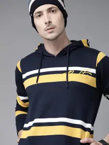Roadster Men Navy Blue & Yellow Striped Hooded Sweatshirt