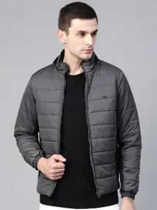 Roadster Men Charcoal Grey Detachable Hood Solid Padded Jacket