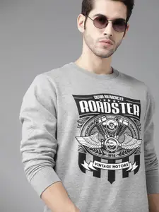 Roadster Men Grey Melange & Black Vintage Print Sweatshirt