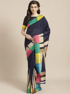 Saree mall Navy Blue & Beige Solid Bhagalpuri Saree