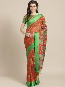 Saree mall Orange & Green Floral Print Saree