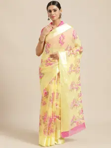 Saree mall Yellow & Pink Floral Print Saree