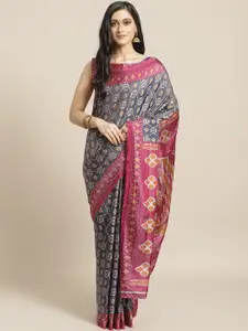 Saree mall Charcoal Grey & Magenta Printed Saree