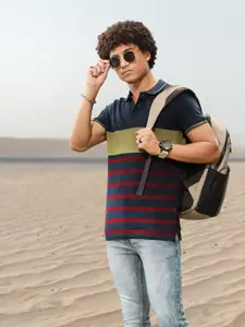 Roadster Men Navy Blue  Maroon Striped Polo Collar Pure Cotton T-shirt