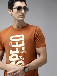 Roadster Men Rust Orange Printed Round Neck Pure Cotton T-shirt