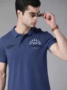 Roadster Men Navy Blue Solid Pure Cotton Polo Collar Pure Cotton T-shirt With Embroidered Detail