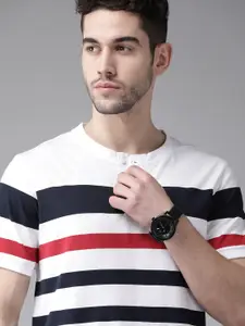 Roadster Men White & Navy Blue Pure Cotton Striped Henley Neck T-shirt