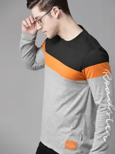 Roadster Men Grey Melange & Black Pure Cotton Colourblocked Round Neck T-shirt