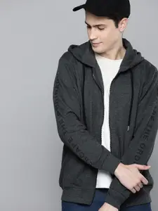 Harvard Men Charcoal Grey Solid Hooded Sweatshirt with Printed Sleeve