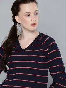 Harvard Women Navy Blue & Pink Striped Acrylic Sweater