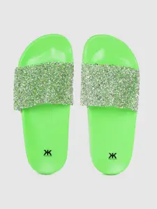 Kook N Keech Women Fluorescent Green Embellished Sliders