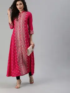 Ishin Women Pink & White Printed A-Line Kurta with Mirror Work