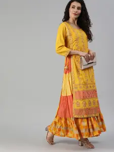 Ishin Women Yellow Embroidered Layered A-Line Kurta with Tie-Up Detailing