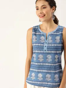 Varanga Women Blue & White Printed High-Low Pure Cotton Top