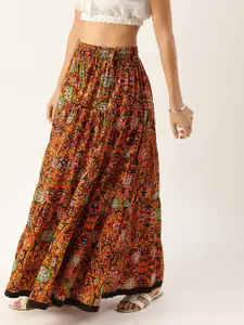Varanga Multi-Coloured Phulkari Printed Tiered Flared Maxi Pure Cotton Skirt