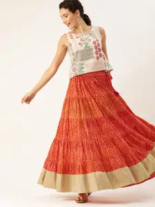 Varanga Rust Orange & Mustard Yellow Dyed Tiered Flared Maxi Pure Cotton Skirt