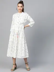 Shae by SASSAFRAS Women White & Green Floral Print A-Line Dress