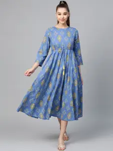 Shae by SASSAFRAS Women Blue & Yellow Printed A-Line Dress