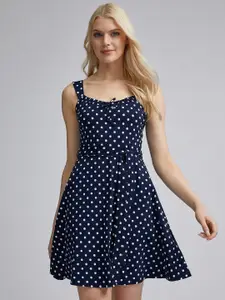 DOROTHY PERKINS Women Navy Blue & White Polka Dots Print Fit and Flare Dress