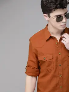 Roadster Men Orange Regular Fit Solid Casual Shirt