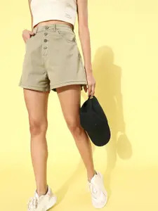 Moda Rapido Women Olive Green Solid Regular Fit High-Rise Stretchable Chino Shorts