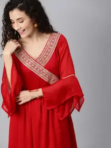 Inddus Women Red Solid Maxi Dress with Embroidery