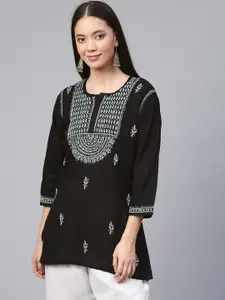 ADA Women Black & Grey Chikankari Embroidered Pure Cotton Straight Handloom Kurti