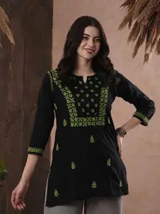 ADA Women Black & Green Chikankari Embroidered Pure Cotton Straight Sustainable Handloom Kurti