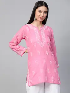 ADA Women Pink & White Chikankari Embroidered Pure Cotton Straight Handloom Kurti