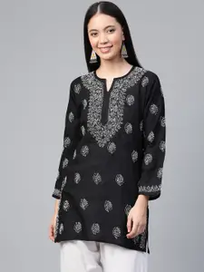 ADA Women Black & White Chikankari Embroidered Pure Cotton Straight  Kurti